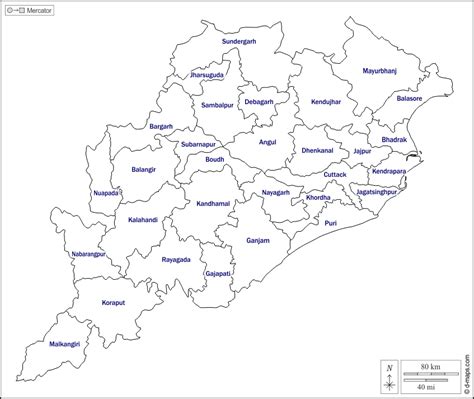 Odisha free map, free blank map, free outline map, free base map outline, districts, names, white