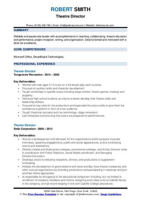 Theatre Director Resume Samples | QwikResume