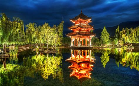 Download Light Evening Pond Garden Reflection Asian Man Made Pavilion HD Wallpaper