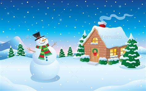 Cartoon illustration of a snow scene with snowman in top hat and scarf by a small cabin at dusk ...