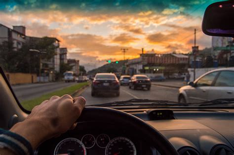 Driving At Sunset View From The Driver Anglecar Focusinside Stock Photo - Download Image Now ...