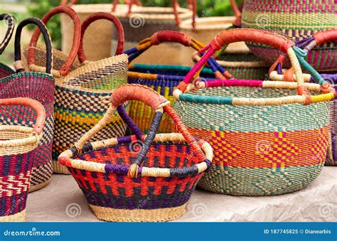 Colorful Handwoven West African Baskets with Leather Handles Stock Image - Image of object ...