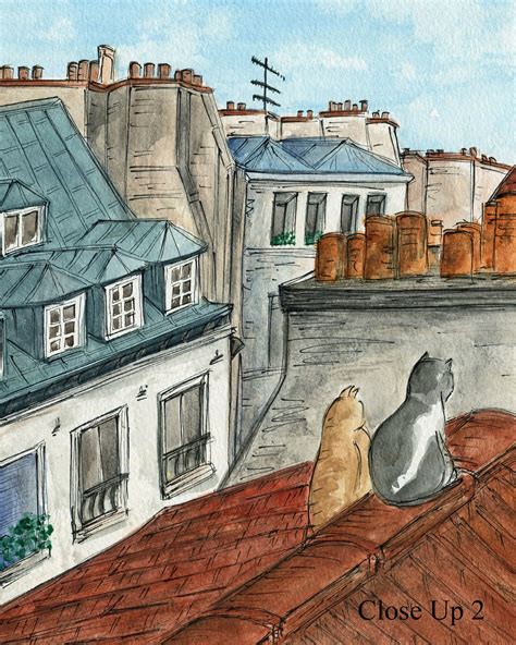 Cat Art Paris Art French Art Print Rooftop Whimsical Art | Etsy