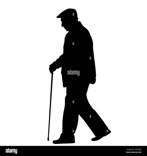 Old man silhouette with stick on white background, vector illustration ...