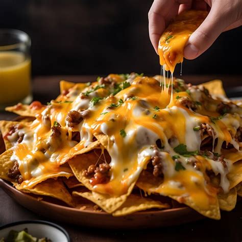 Premium AI Image | hands picking up a mexican nachos with a lot of melted cheese