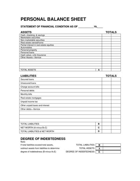 Personal Balance Sheet Template