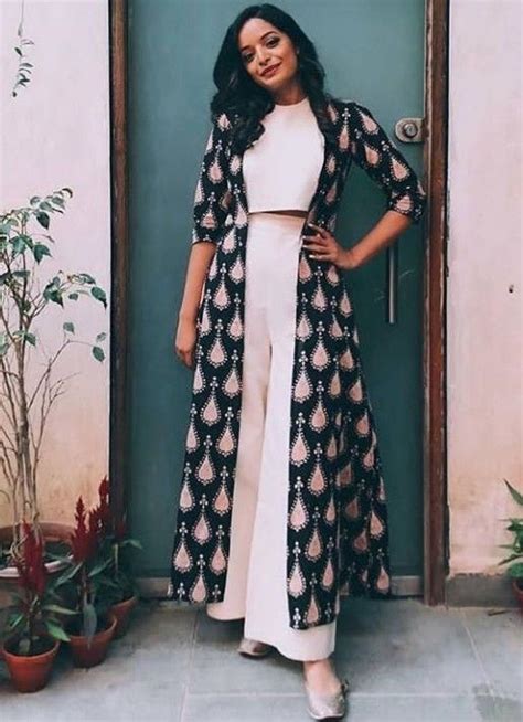 Beautiful cotton block printed long jacket with crop top blouse and ...