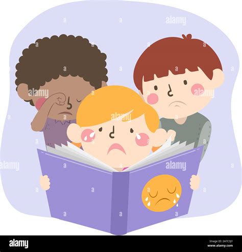 Illustration of Kids Feeling Sad and Reading a Sad Story Book Stock ...