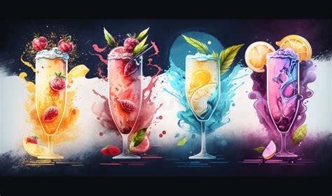 A Group of Four Different Colored Drinks with Ice and Fruit Stock Illustration - Illustration of ...