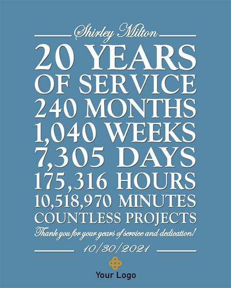 Personalized 20 Year Work Anniversary PRINT 20 Years of - Etsy