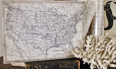 Vintage UNITED STATES MAP Poster Wood Sign Mounted Print Farmhouse Book ...