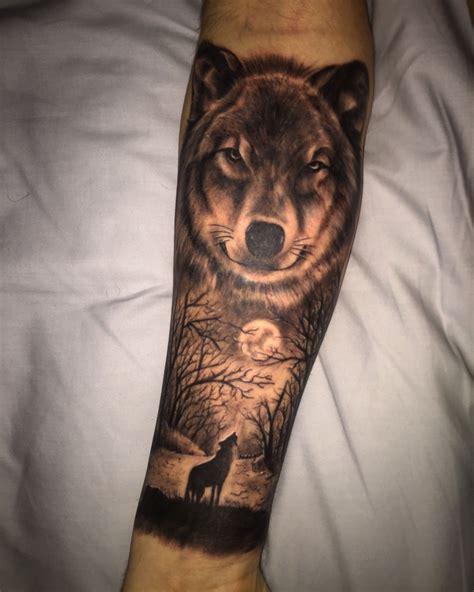 My first tattoo, wolf and forrest on forearm | Wolf tattoo design, Wolf tattoo sleeve, Wolf ...