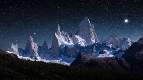 Starry Night Sky Snowy Mountain 4K #3820h Wallpaper PC Desktop