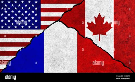 USA, Canada and France flag together on wall. Diplomatic relations between United States of ...