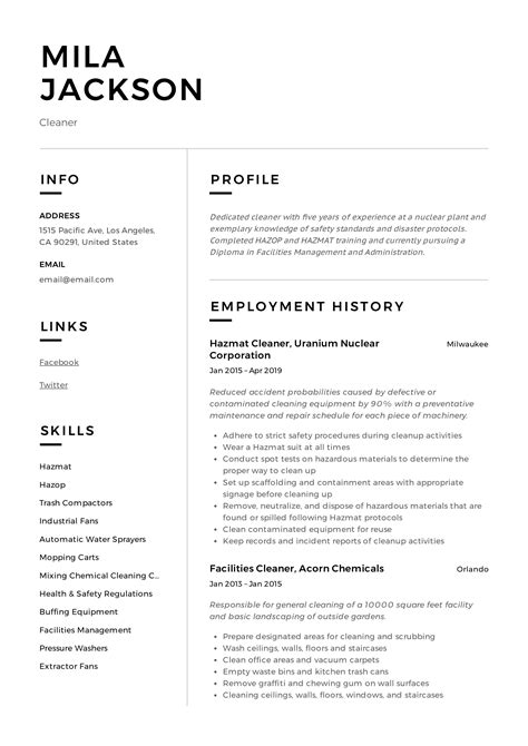 Cleaner Resume Sample | Professional resume examples, Resume examples, Job resume template