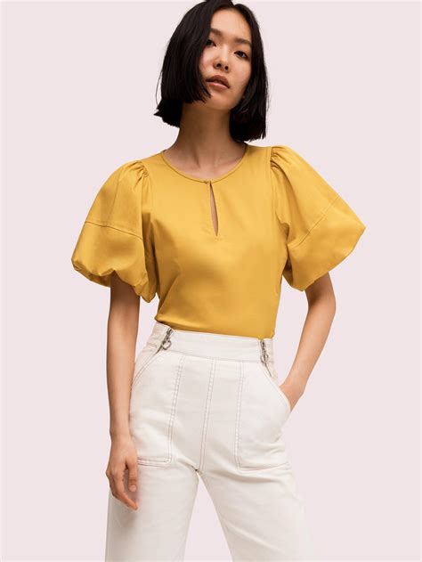 Kate Spade Puff Sleeve Poplin Blouse in Yellow - Lyst