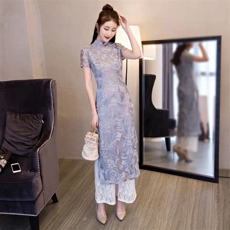 Aliexpress.com : Buy High Quality Twinset Ladies' Print Silk Vietnam Ao Dai Dress Lace Long ...