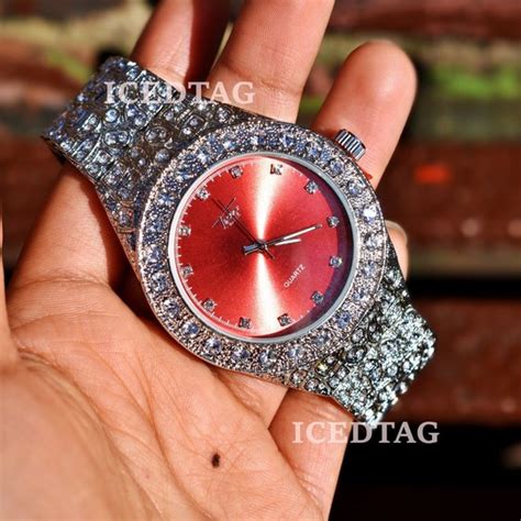 Accessories | Full Iced Out Red Face Dial Mens Luxury Watch | Poshmark