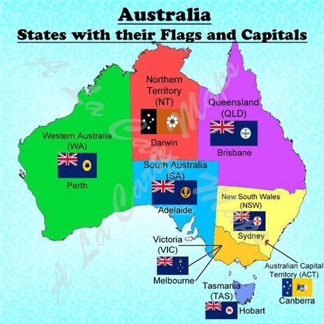 Digital Map of Australia States, Territories With Their Flags and Their ...