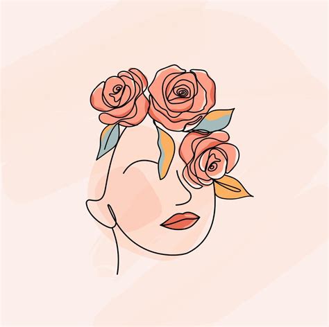 Beauty face with flowers line drawing art minimalism style. Woman with and flowers. vector ...