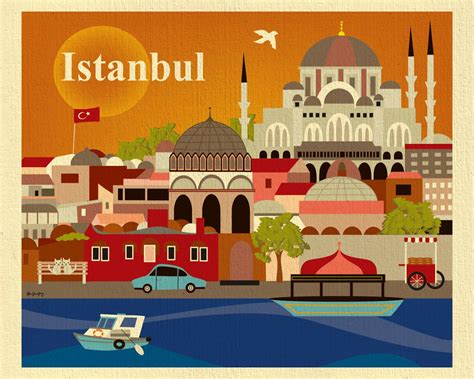 Istanbul Skyline Art Print, Turkish Art, Istanbul Turkey Travel Poster, Istanbul Horizontal ...