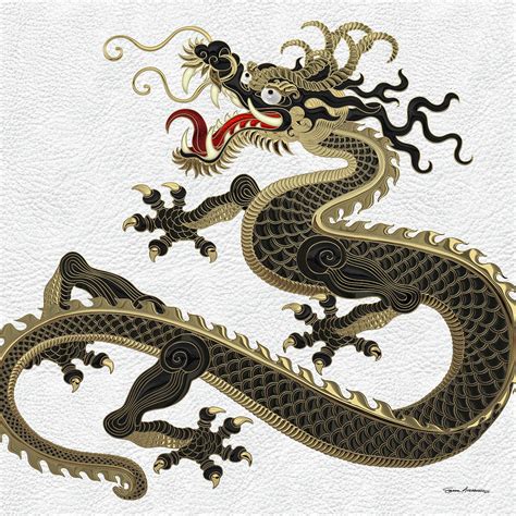 Black and Gold Sacred Eastern Dragon over White Leather Digital Art by ...