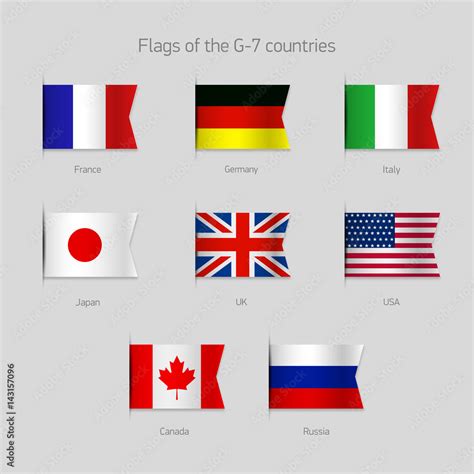 Flags of the G-7 countries. France, Germany, Italy, Japan, United Kingdom, USA, Canada, Russia ...