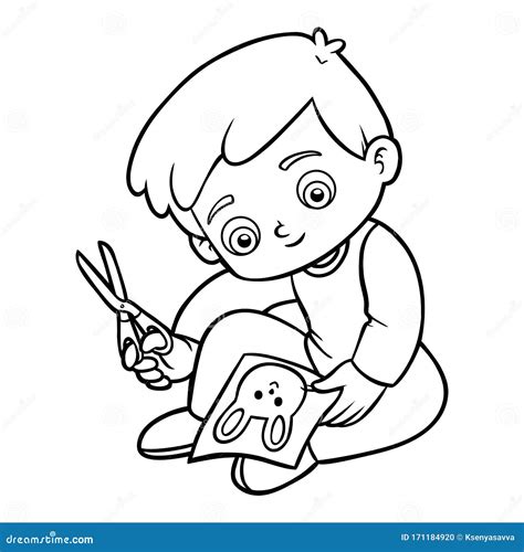 Coloring Book, Boy Cuts a Picture with Scissors Stock Vector ...