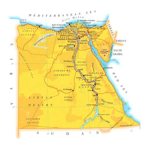 Detailed elevation map of Egypt with roads, cities and airports | Egypt ...