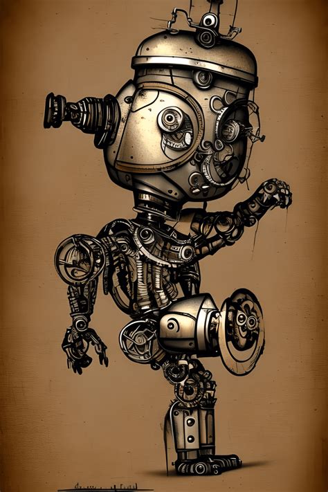 Steampunk Robot Hyper Realistic Drawing Blueprint Rustic · Creative Fabrica