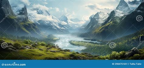 Narrow Valley with a River and Mountains Stock Illustration ...