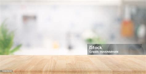 Selective Focuswood Table Top On Blur Kitchen Counter Background Stock ...