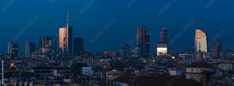 Milan (Italy) skyline by night; cityscape with new Porta Nuova skyscrapers, panoramic view from ...