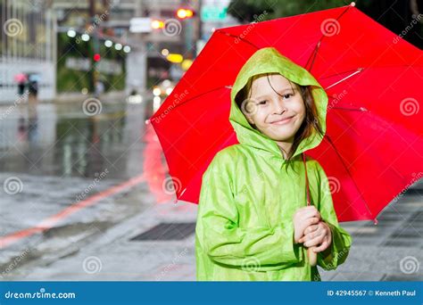 Young Girl Standing in Rain with Raincoat and Umbrella Stock Image - Image of beautiful, cute ...