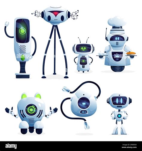 Ai robot cartoon characters with vector white robotic machines, modern toys, artificial ...