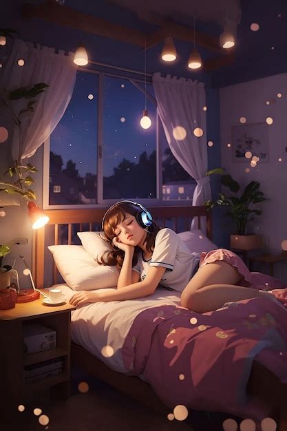 Premium AI Image | lofi music beautiful girl listen music and sleeping ...