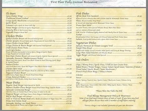 Menu at The Spinnaker restaurant, Portrush