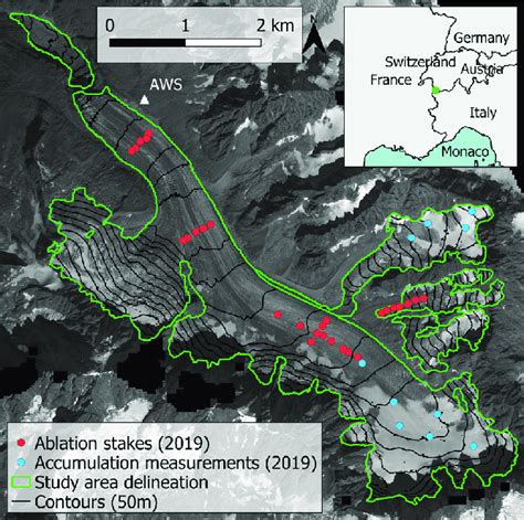 Map of the study area, showing the Glacier d'Argentière (green outline... | Download Scientific ...