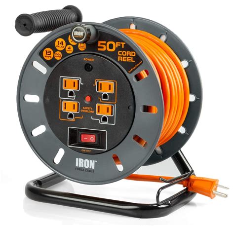 an orange spooled cord is attached to a reel on a black stand with two ...