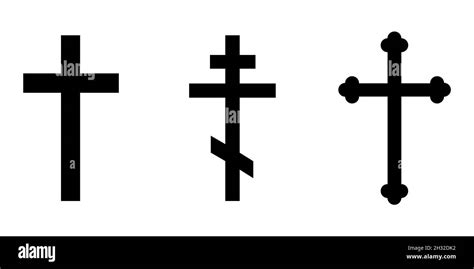 Christian cross icon. Set of different religious crosses on white background. Black church ...