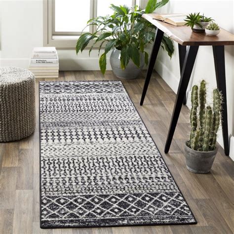 Black and White Runner Rug with Moroccan Pattern Distressed Finish | Interior Design Ideas