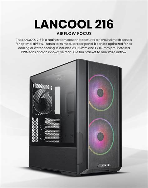 LIAN LI LANCOOL 216 X Black Steel / Tempered Glass ATX Mid Tower Computer Case ,2x 16 cm PWM ...