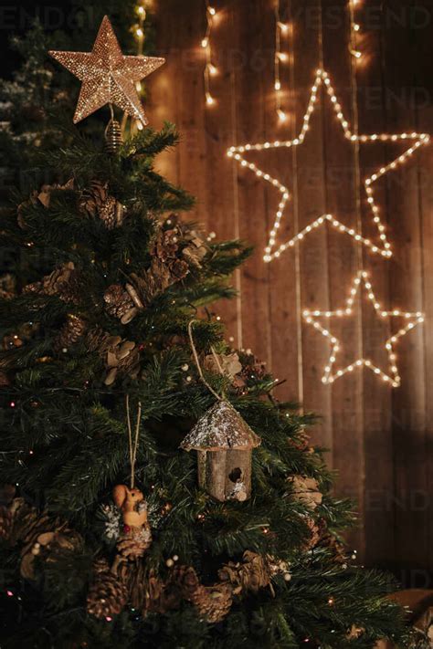 Christmas tree with star shape lights in background stock photo