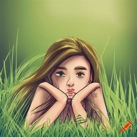 Drawing of a girl relaxing in the grass