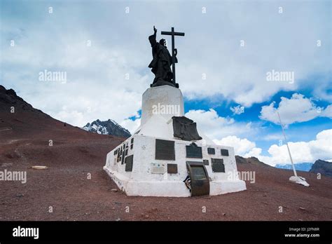 Monument of Christ the Redeemer of the Andes on a mountain pass between Mendoza and Santiago ...