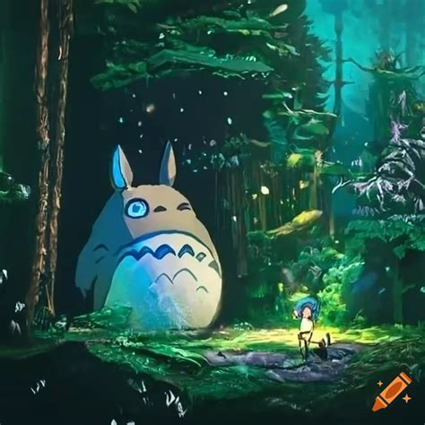 Glittery diorama of totoro in a forest