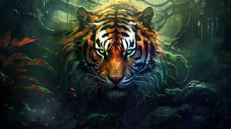 Premium AI Image | A majestic tiger with vibrant green eyes emanating ...