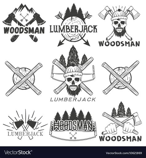 Set lumberjack logos emblems banners Royalty Free Vector