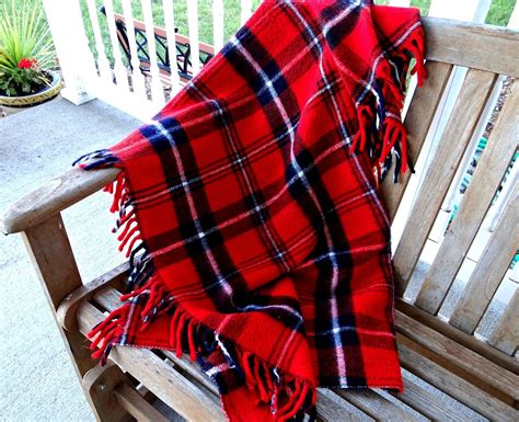 Faribo Red Plaid Throw Blanket from 1970s, Fringed Acrylic Lap Stadium Tailgate Blanket ...