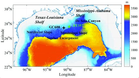 Bathymetry of the Gulf of Mexico. The topographic data are derived from... | Download Scientific ...